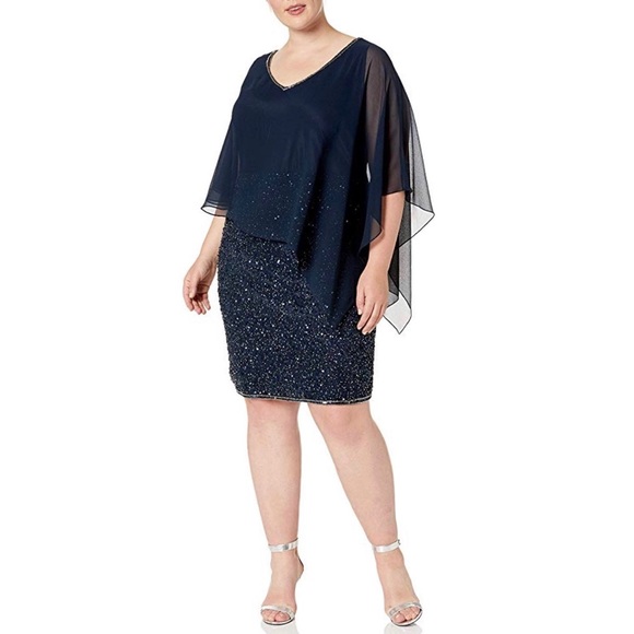 J Kara Embellished Capelet Beaded Asymmetric Dress - Picture 1 of 5
